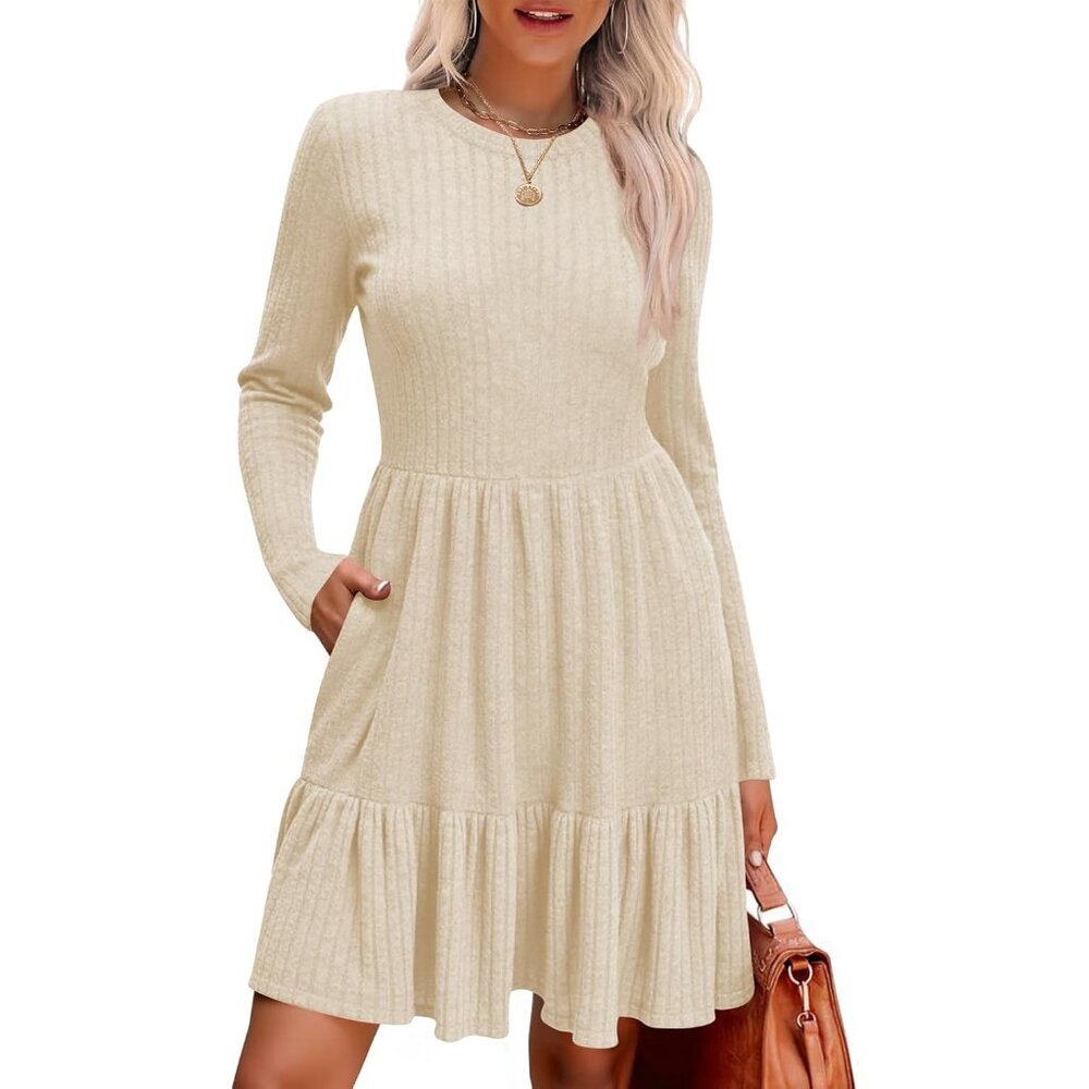 Women's Ruffle Dress Casual Long Sleeve Crew Neck A-Line Sweater Pockets